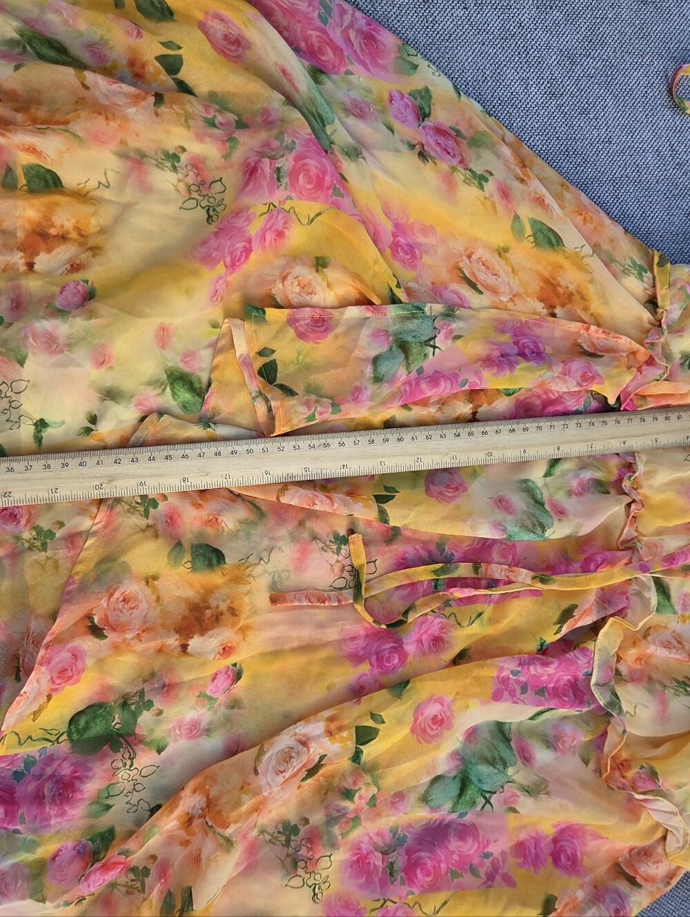Boutique Yellow Floral Chiffon Mini Dress Tie Strap Ruffle Layered Size L - Picture 9 of 11